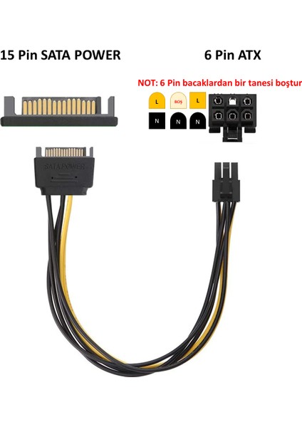 20 cm ATX 6 Pin (Dişi) to SATA 15 Pin (Erkek) Power PCI-e Grafik Video Kartı Güç Kablosu