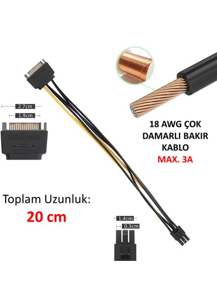 20 cm ATX 6 Pin (Dişi) to SATA 15 Pin (Erkek) Power PCI-e Grafik Video Kartı Güç Kablosu