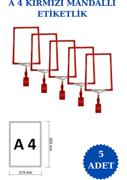 5 Adet A4 Mandallı Raf Etiketi Sepet Etiketi Çerçeveli Etiketlik Eşek Askılık Etiketi