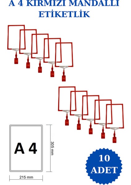 10 Adet A4 Mandallı Raf Etiketi Sepet Etiketi Çerçeveli Etiketlik Eşek Askılık Etiketi