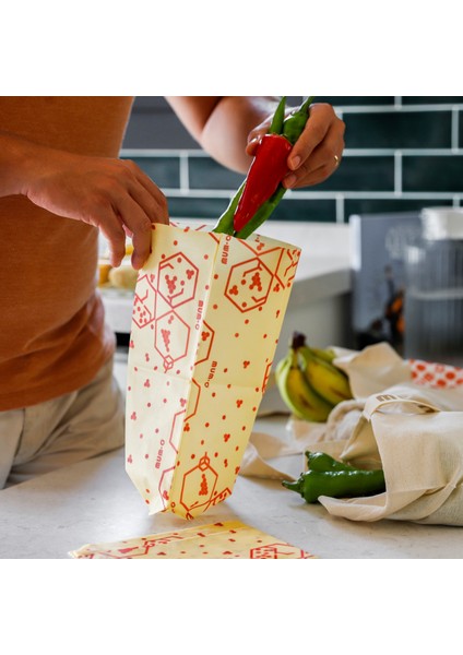 3'lü Balmumlu Kese Set - Bereket Desen - Tekrar Kullanılabilen Balmumlu Yiyecek Saklama Kesesi