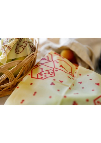 3'lü Balmumlu Kese Set - Bereket Desen - Tekrar Kullanılabilen Balmumlu Yiyecek Saklama Kesesi