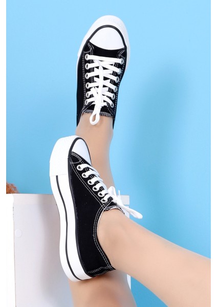 Skywalk Keten Siyah Yüksek Taban Sneaker Spor Ayakkabı