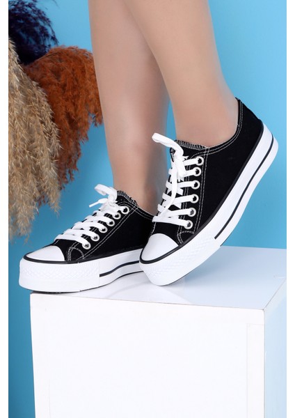 Skywalk Keten Siyah Yüksek Taban Sneaker Spor Ayakkabı