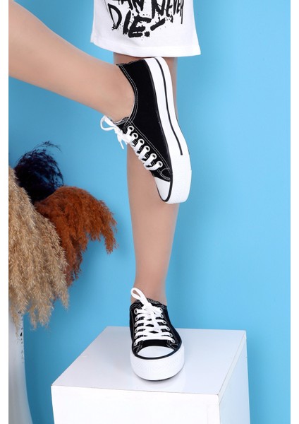 Skywalk Keten Siyah Yüksek Taban Sneaker Spor Ayakkabı