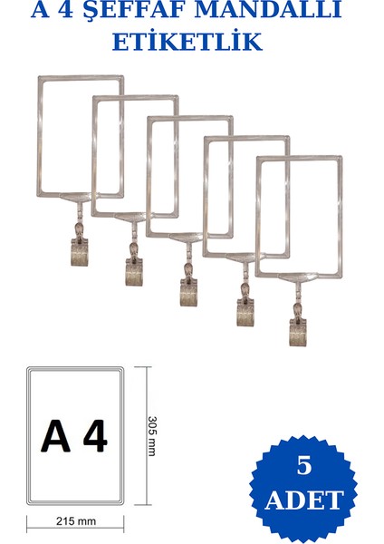 İstanbul Manken 5 Adet A4 Mandallı Raf Etiketi Sepet Etiketi Çerçeveli Etiketlik Eşek Askılık Etiketi