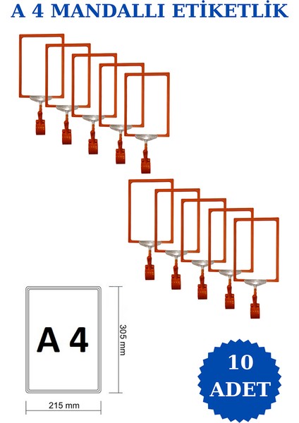 10 Adet A4 Mandallı Raf Etiketi Sepet Etiketi Çerçeveli Etiketlik Eşek Askılık Etiketi