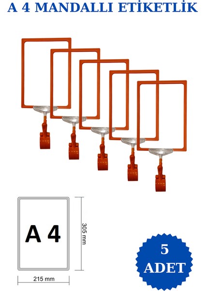 5 Adet A4 Mandallı Raf Etiketi Sepet Etiketi Çerçeveli Etiketlik Eşek Askılık Etiketi