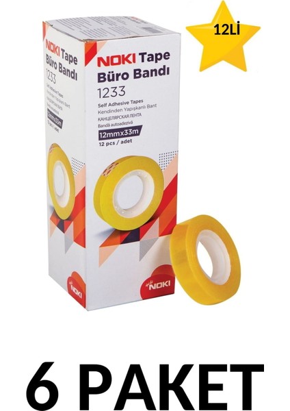 6 Adet (72 Adet) 12MMX33M Şeffaf Büro Bandı Para Bandı