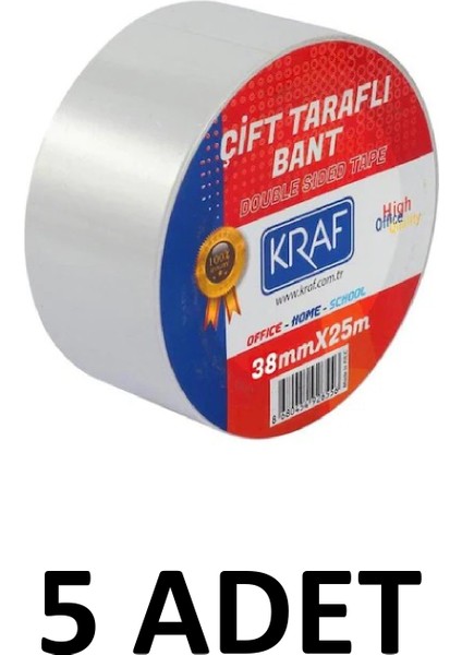 5 Adet 38 mm x 25 Metre Çift Taraflı Bant