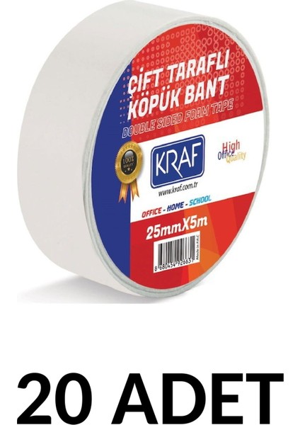 20 Adet 25 mm x 5 Metre Çift Taraflı Köpük Bant
