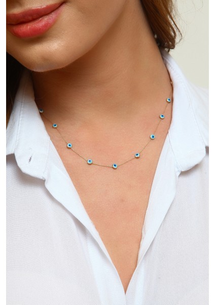 14 Ayar Altın Nazar Göz Kolye Tamamı Gözlü 45 cm