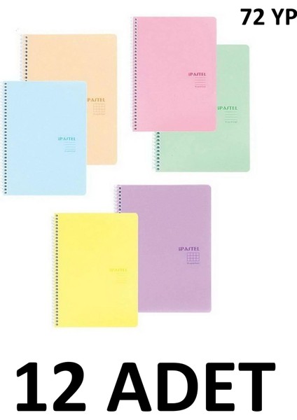 12 Adet (6 Kareli-6 Çizgili) A4 Pastel Show Spiralli 72 Yaprak Defter