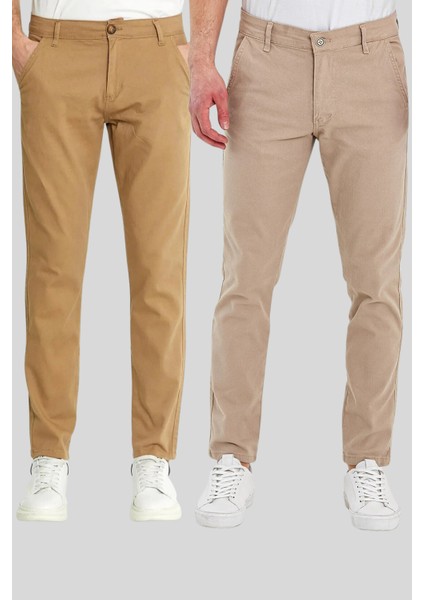 2 Li Standart Kalıp Chino Pantolon Taş ve Camel Renkleri Çok Renkli