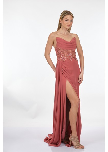 Pullu Straplez Gül Kurusu Kadın Elbise 2115595