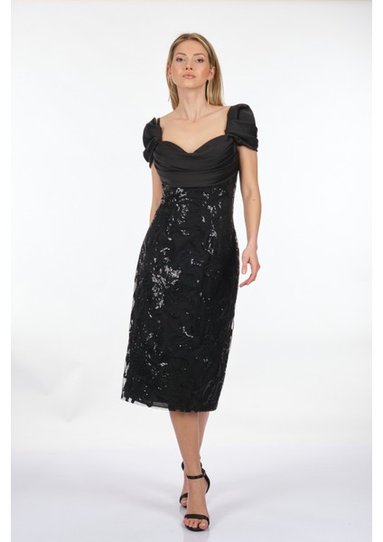 Payetli Düşük Kol Siyah Kadın Abiye 2115691