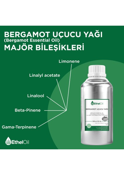 Bergamot Uçucu Yağı - Etheloil - 500 gr - %100 Saf ve Doğal Uçucu Yağ - Üretici Firma, Yüksek Kalite - Bergamot Essential Oil - Citrus Bergamia Risso & Poit.