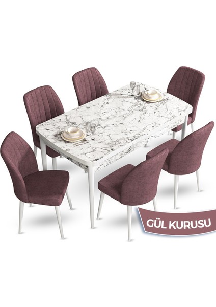 Concept Teo Serisi 80X132 Açılabilir Beyaz Mermer Desen Mutfak Masası Takımı ve 6 Sandalye