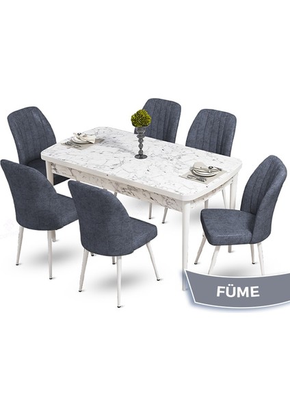 Concept Mun Serisi, 80X132 Açılabilir Mdf Beyaz Mermer Desen Mutfak Masası Takımı 6 Sandalye