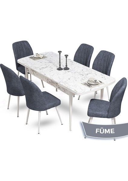 Concept Mun Serisi, 80X132 Açılabilir Mdf Beyaz Mermer Desen Mutfak Masası Takımı 6 Sandalye