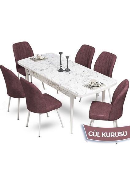 Concept Mun Serisi, 80X132 Açılabilir Mdf Beyaz Mermer Desen Mutfak Masası Takımı 6 Sandalye