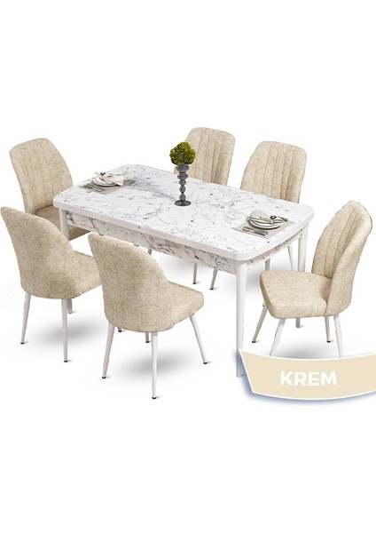 Concept Mun Serisi, 80X132 Açılabilir Mdf Beyaz Mermer Desen Mutfak Masası Takımı 6 Sandalye