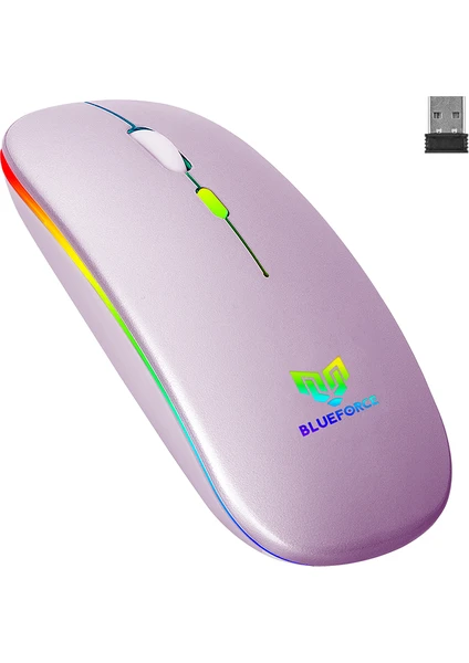 V5.0 Bluetooth & Wireless 2,4ghz Sessiz Kablosuz Mouse Pembe Işıklı Şarjlı