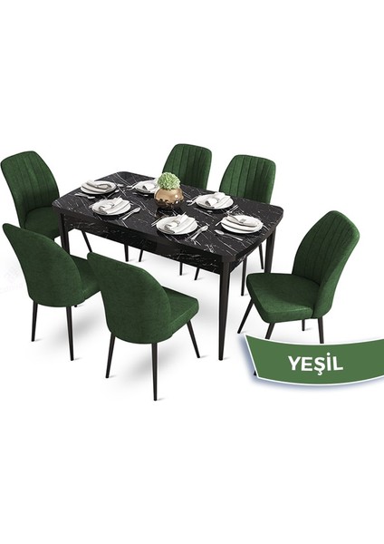Concept Mun Serisi, 80X132 Açılabilir Mdf Siyah Mermer Desen Mutfak Masası Takımı 6 Sandalye