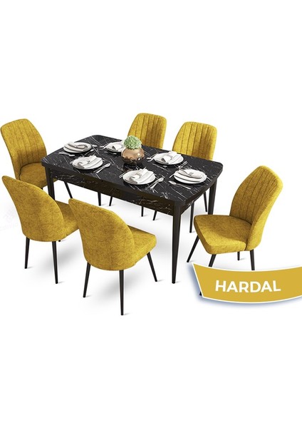 Concept Mun Serisi, 80X132 Açılabilir Mdf Siyah Mermer Desen Mutfak Masası Takımı 6 Sandalye