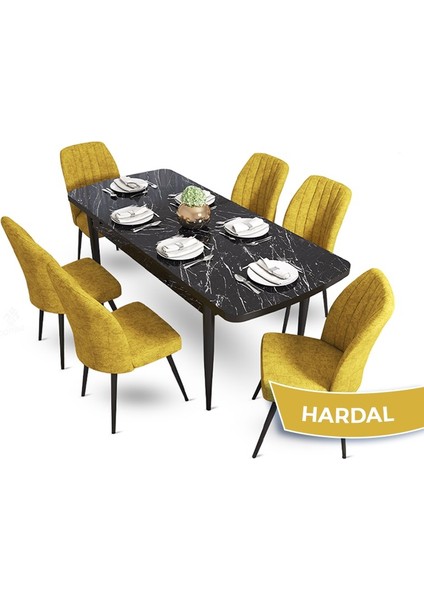 Concept Mun Serisi, 80X132 Açılabilir Mdf Siyah Mermer Desen Mutfak Masası Takımı 6 Sandalye
