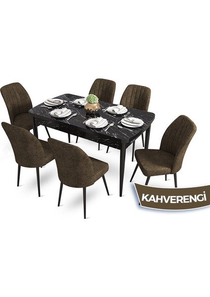 Concept Mun Serisi, 80X132 Açılabilir Mdf Siyah Mermer Desen Mutfak Masası Takımı 6 Sandalye