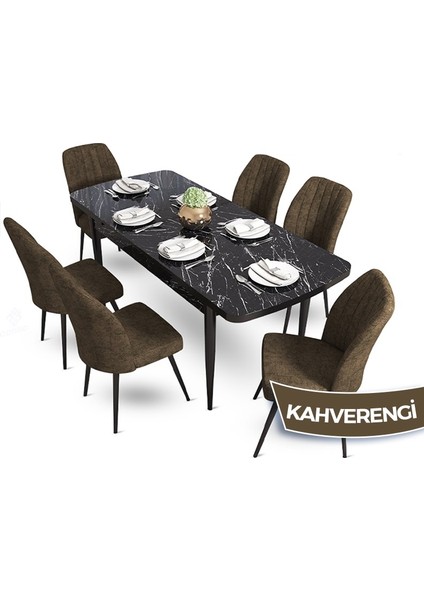 Concept Mun Serisi, 80X132 Açılabilir Mdf Siyah Mermer Desen Mutfak Masası Takımı 6 Sandalye