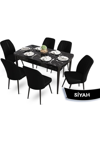 Concept Mun Serisi, 80X132 Açılabilir Mdf Siyah Mermer Desen Mutfak Masası Takımı 6 Sandalye