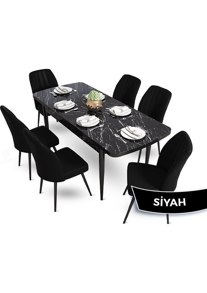Concept Mun Serisi, 80X132 Açılabilir Mdf Siyah Mermer Desen Mutfak Masası Takımı 6 Sandalye