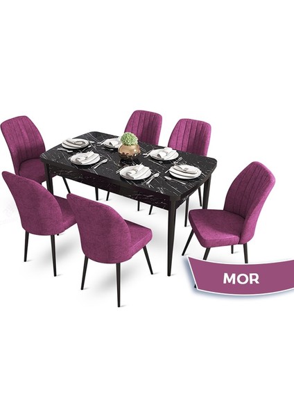 Concept Mun Serisi, 80X132 Açılabilir Mdf Siyah Mermer Desen Mutfak Masası Takımı 6 Sandalye