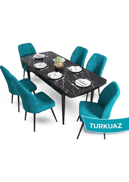 Concept Mun Serisi, 80X132 Açılabilir Mdf Siyah Mermer Desen Mutfak Masası Takımı 6 Sandalye