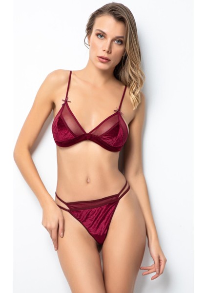 D Kit Boutique Bordo Kadın Tül Detaylı Kadife Bralet Takım