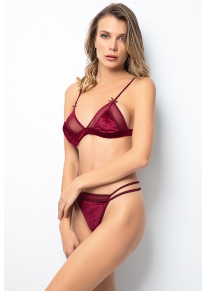 D Kit Boutique Bordo Kadın Tül Detaylı Kadife Bralet Takım