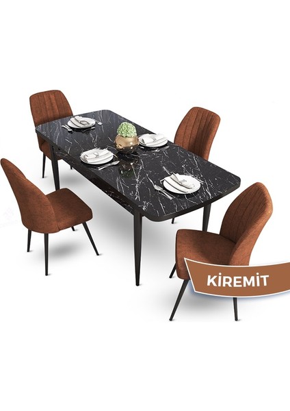 Concept Mun Serisi, 80X132 Açılabilir Mdf Siyah Mermer Desen Mutfak Masası Takımı 4 Sandalye