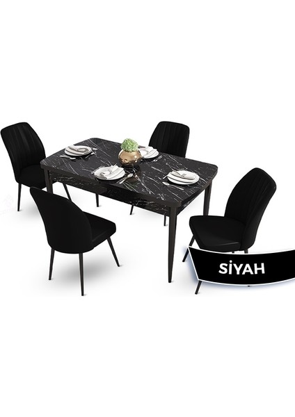 Concept Mun Serisi, 80X132 Açılabilir Mdf Siyah Mermer Desen Mutfak Masası Takımı 4 Sandalye