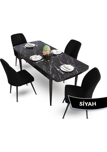 Concept Mun Serisi, 80X132 Açılabilir Mdf Siyah Mermer Desen Mutfak Masası Takımı 4 Sandalye