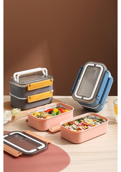 Bento Lunch Box Ofis-Okul Için Yeni Nesil Sefer Tası Çift Kat 4 Bölme Paslanmaz Çelik F494 fırsatları
