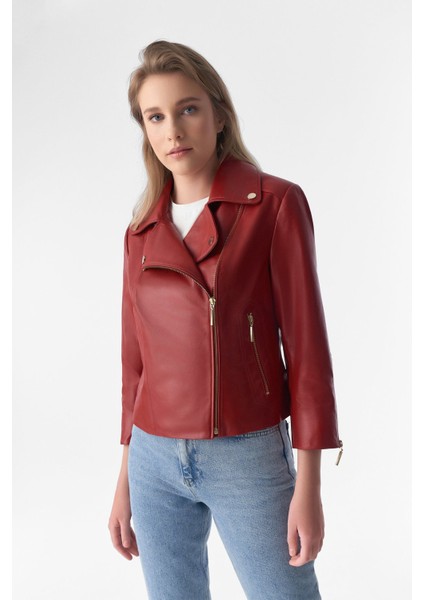 Kadın Bordo Kısa Kollu Biker Ceket modelleri