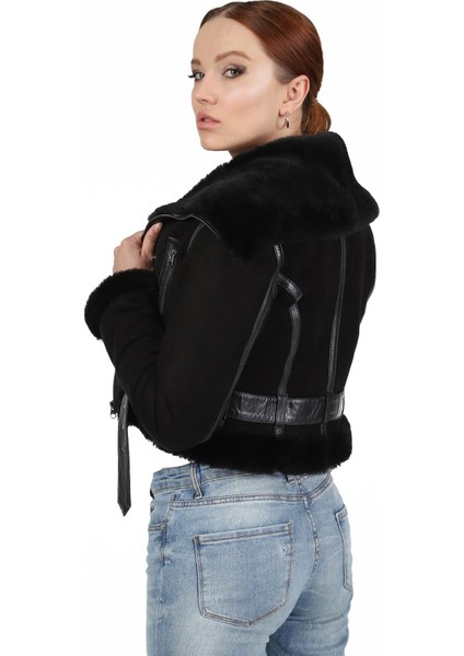 Kadın Siyah Kısa Kürklü Süet Ceket modelleri