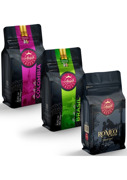 Anisah Coffee Öğütülmüş Filtre Kahve Seti Romeo - Brasil - Colombia 3 x 250 gr