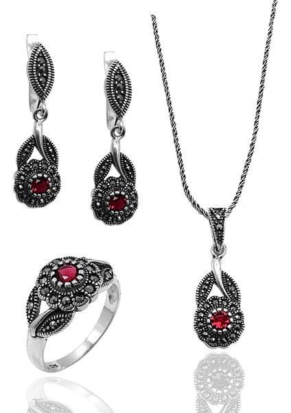 Pembe Zirkon Taşlı Çiçek Model Markazit Gümüş Takı Seti 201022243