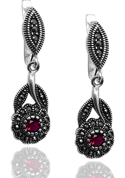 Pembe Zirkon Taşlı Çiçek Model Markazit Gümüş Takı Seti 201022243