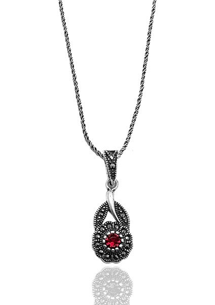 Pembe Zirkon Taşlı Çiçek Model Markazit Gümüş Takı Seti 201022243