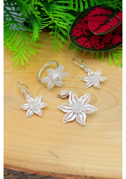 Rüzgar Gülü Kadın 925 Ayar Gümüş Telkari Üçlü Set 201022175