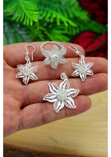 Rüzgar Gülü Kadın 925 Ayar Gümüş Telkari Üçlü Set 201022175 fiyatları